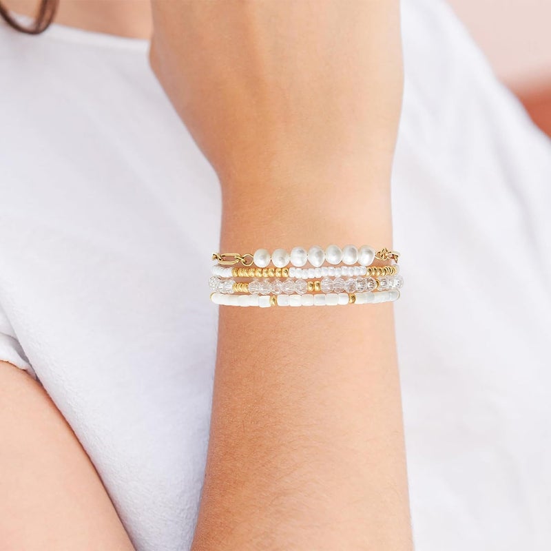Pymach Store Dainty Gold Plated Pearl Crystal Beaded Bracelets Set for Women 14K Gold Plated Bead Pearl Beads Bracelet Stackable Paperclip Link Chain Bracelets Gold Plated Bracelets for Women Trendy Jewelry - Image 5